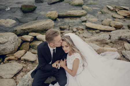beautiful blonde couple celebrate their wedding dayの写真素材