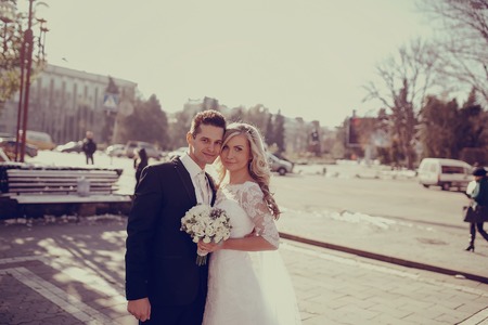 cervene wedding beautiful and fashionable young couple in autumnの写真素材