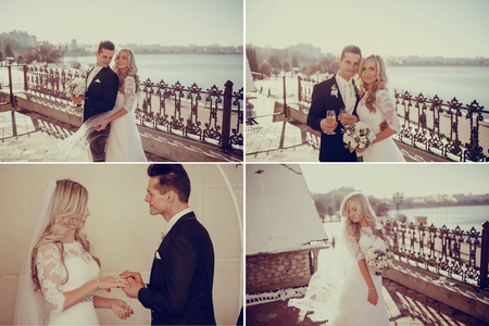 cervene wedding beautiful and fashionable young couple in autumnの写真素材