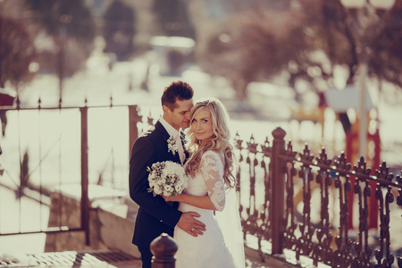 cervene wedding beautiful and fashionable young couple in autumnの写真素材