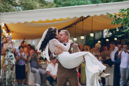 authentic wedding wonderful young couple with incredible sceneryの写真素材