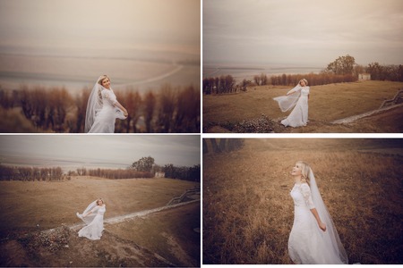 bride walking in golden autumn nature weddingの写真素材
