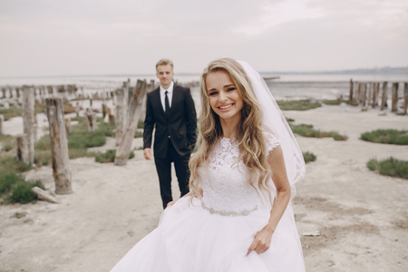 beautiful blonde couple celebrate their wedding dayの写真素材