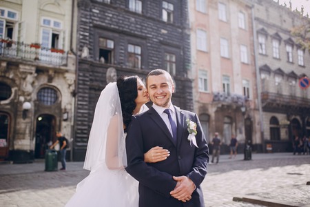 beautiful summer wedding that took place in the old city with wonderful architectureの写真素材