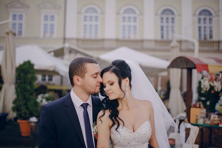 beautiful summer wedding that took place in the old city with wonderful architectureの写真素材
