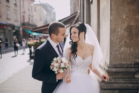 beautiful summer wedding that took place in the old city with wonderful architectureの写真素材