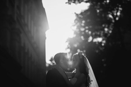 gorgeous wedding couple enjoys a Sunny day in the old town with architectureの写真素材
