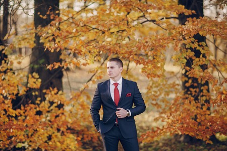 beautiful wedding couple celebrating their wedding day in autumnの写真素材