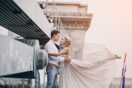 beautiful unique couple walks into your wedding day in Budapestの写真素材