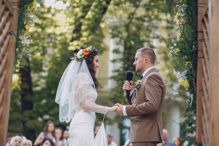 authentic wedding wonderful young couple with incredible sceneryの写真素材