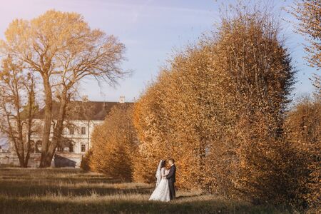 beautiful wedding couple celebrating their wedding day in autumnの写真素材