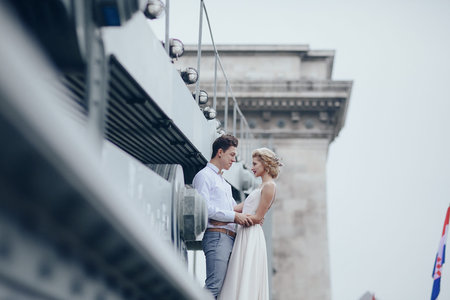 beautiful unique couple walks into your wedding day in Budapestの写真素材