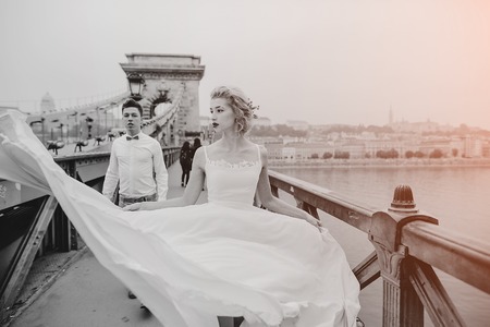 beautiful unique couple walks into your wedding day in Budapestの写真素材