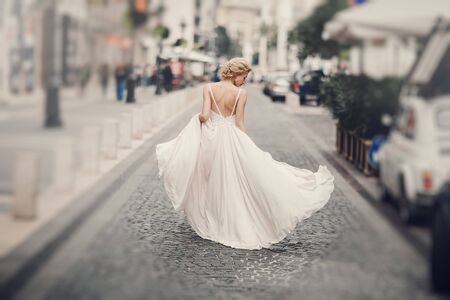 beautiful unique couple walks into your wedding day in Budapestの写真素材
