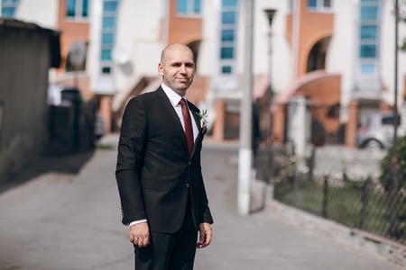 wonderful wedding curly bride and her handsome husbandの写真素材