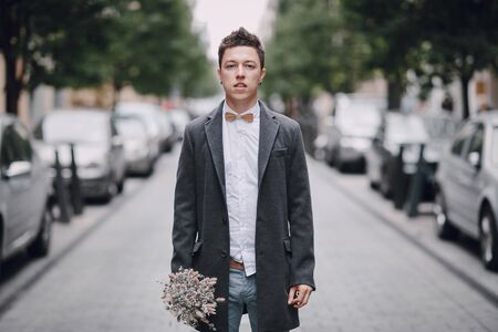 beautiful unique couple walks into your wedding day in Budapestの写真素材