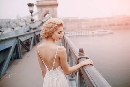 beautiful unique couple walks into your wedding day in Budapestの写真素材
