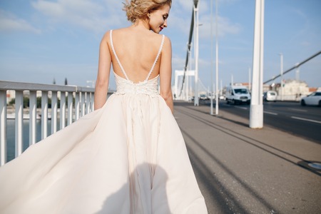 gorgeous wedding couple walking in the old city of Budapestの写真素材