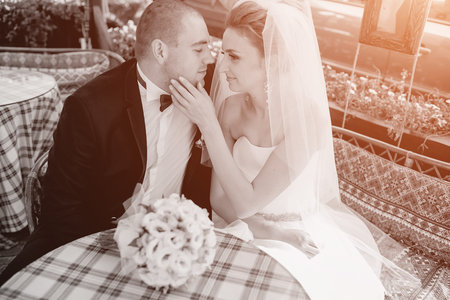 beautiful blonde couple celebrate their  wedding dayの写真素材