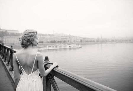 beautiful unique couple walks into your wedding day in Budapestの写真素材