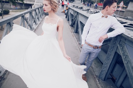 beautiful unique couple walks into your wedding day in Budapestの写真素材