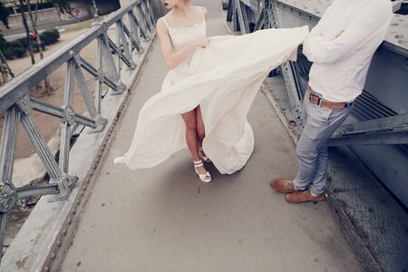 beautiful unique couple walks into your wedding day in Budapestの写真素材