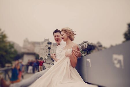 beautiful unique couple walks into your wedding day in Budapestの写真素材