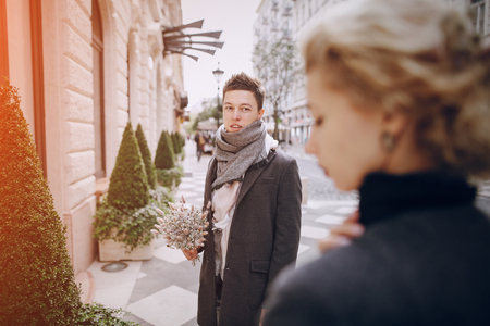 beautiful unique couple walks into your wedding day in Budapestの写真素材