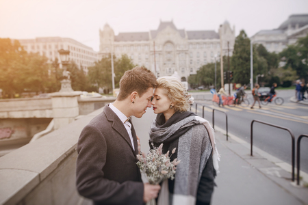 beautiful unique couple walks into your wedding day in Budapestの写真素材