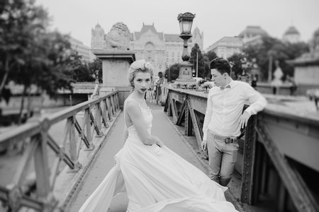 beautiful unique couple walks into your wedding day in Budapestの写真素材