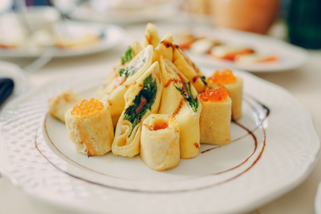 wedding restaurant with decorations and foodの写真素材