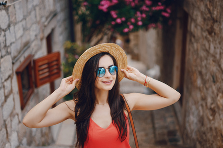 pretty brunette outdoorsの写真素材