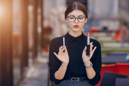 beautiful brunette with glassesの写真素材