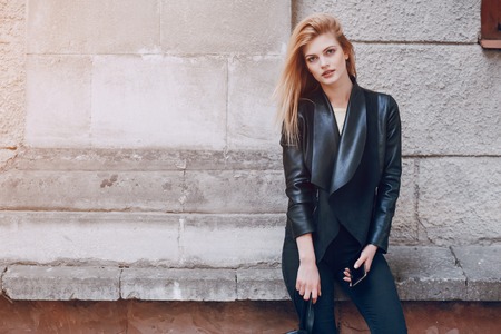 beautiful blonde on the streetの写真素材