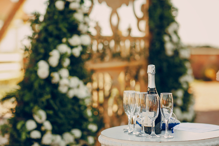 wedding restaurant with decorations and foodの写真素材