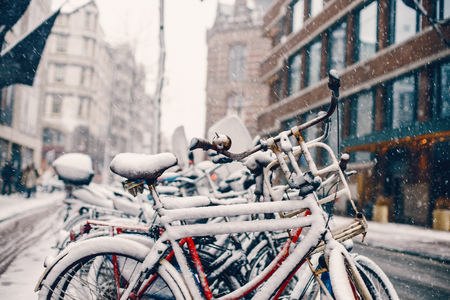 bicycle parked on the streets of amsterdamの写真素材