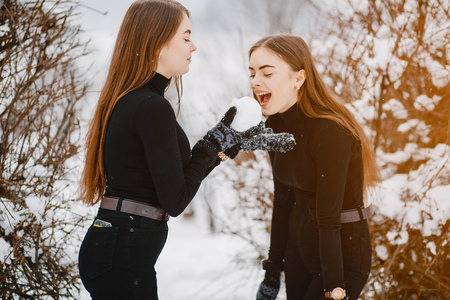 Girls in a winter parkの写真素材
