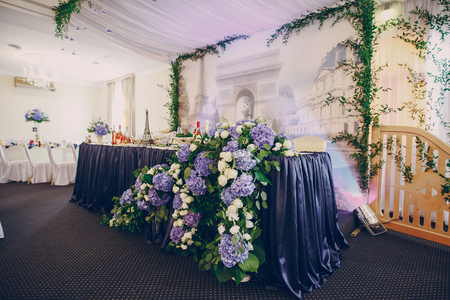 wedding restaurant with decorations and foodの写真素材