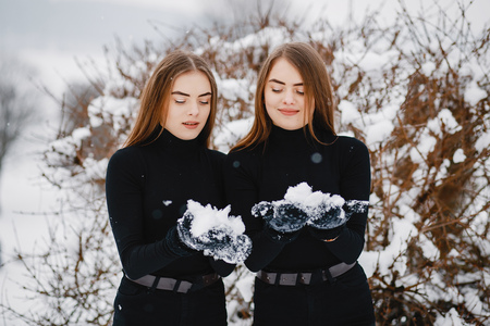 Girls in a winter parkの写真素材