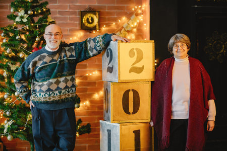An elegant old couple are celebrating Christmas