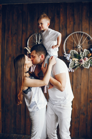 Cute family at homeの写真素材