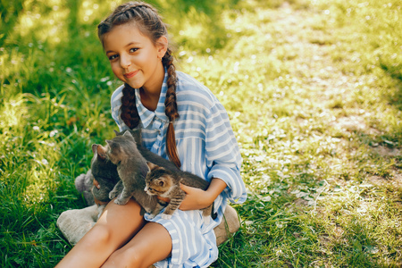 beautiful girl with catsの写真素材