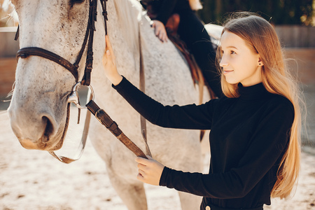 Elegant girls with a horse in a ranchの写真素材