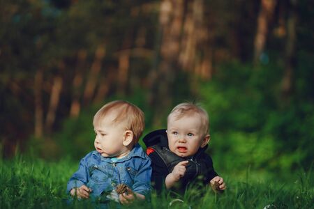 children in the grassの写真素材