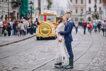 groom and bride in a hotelの写真素材