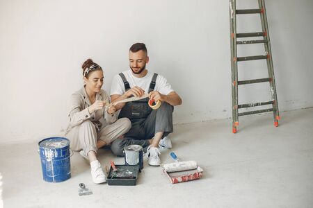 The young and cute family repairs the roomの写真素材