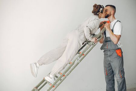 The young and cute family repairs the roomの写真素材