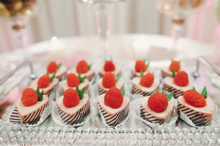 Elegant wedding buffet. Cute delicious dessertsの写真素材