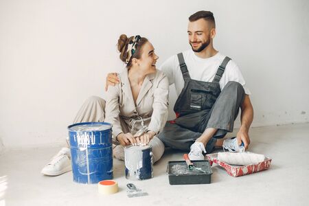 The young and cute family repairs the roomの写真素材