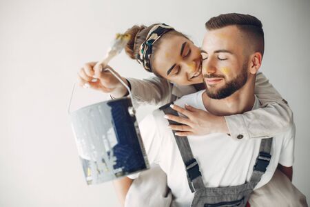 The young and cute family repairs the roomの写真素材